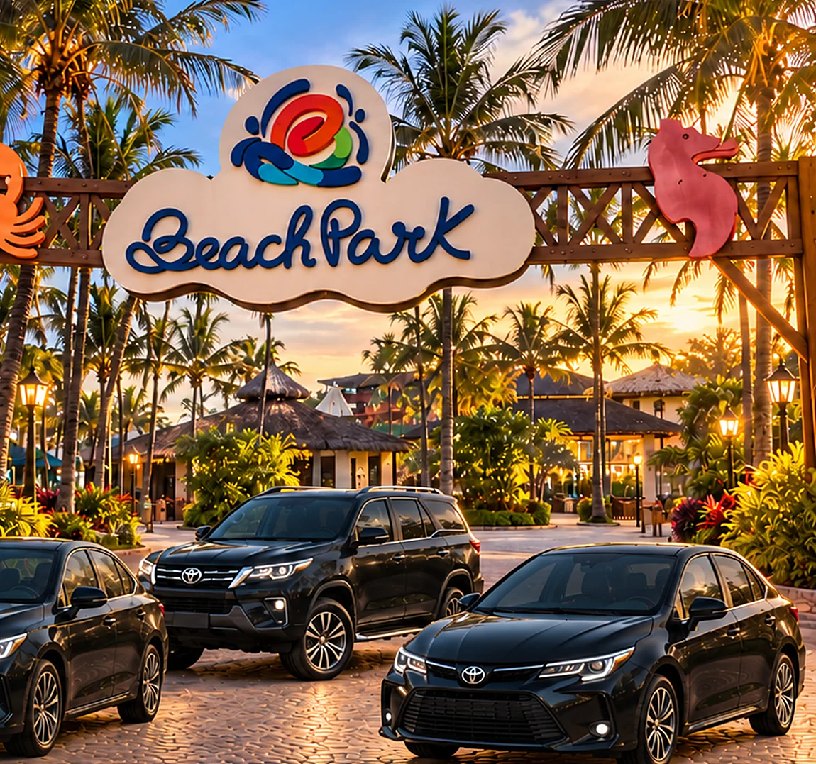 Pórtico de entrada do Beach Park ao entardecer, com dois sedãs e um SUV executivos