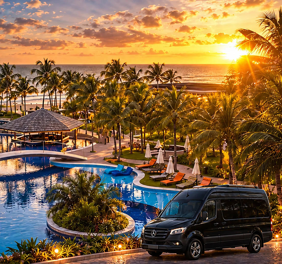 Resort à beira-mar com piscinas ao pôr do sol e van executiva na entrada