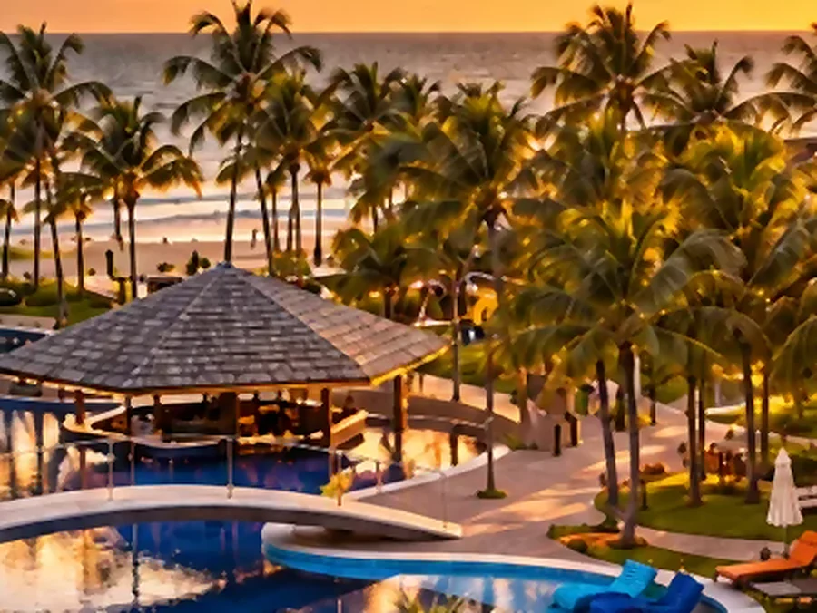Piscinas e quiosque de resort à beira-mar ao pôr do sol