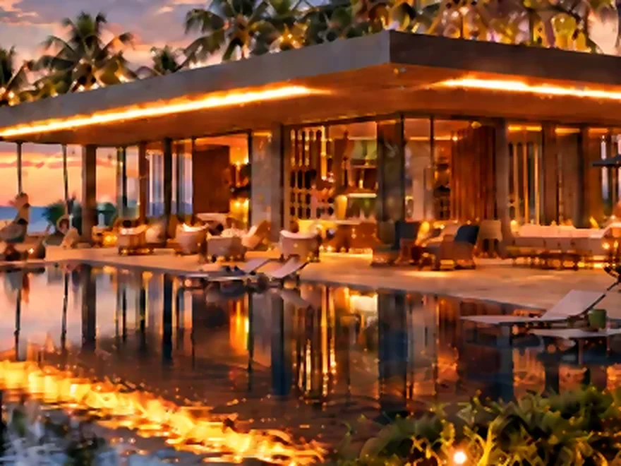 Restaurante de resort iluminado à noite, com piscina de borda infinita