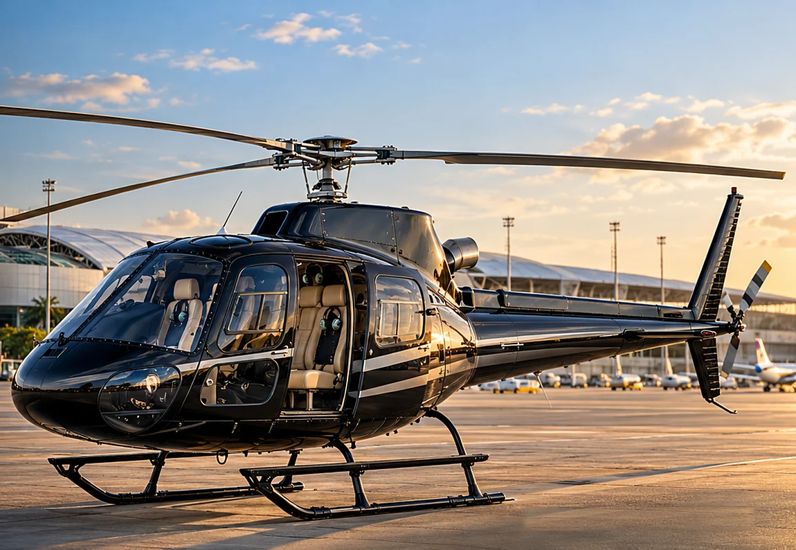 Helicóptero Esquilo preto no pátio de um aeroporto ao entardecer