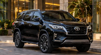 SUV Toyota SW4 preta em frente a um prédio comercial