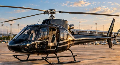 Helicóptero preto no pátio de um aeroporto ao entardecer