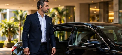 Profissional de terno ao lado de um sedã preto